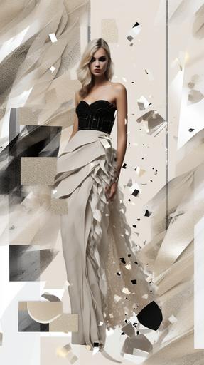 Poltergeist Prom, in the style of monochrome palette, clean and simple designs, letterboxing, silver and beige, innovative page design, romanticized femininity, collage-style inspired, sparklecore, glittercore --ar 9:16