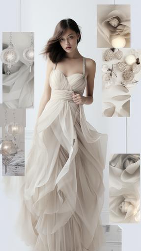 Poltergeist Prom, in the style of monochrome palette, clean and simple designs, letterboxing, silver and beige, innovative page design, romanticized femininity, collage-style inspired photography, sparklecore, glittercore, hdr --ar 9:16