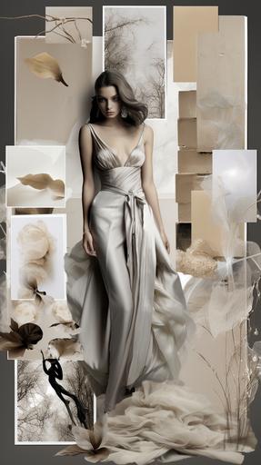 Poltergeist Prom, in the style of monochrome palette, clean and simple designs, letterboxing, silver and beige, innovative page design, romanticized femininity, collage-style inspired photography, sparklecore, glittercore, hdr --ar 9:16