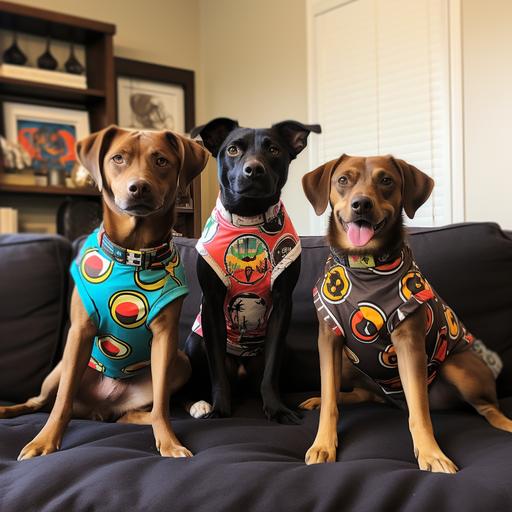 Polyester and spandex blend material for dog pajamas with a fun graphic print. Martingale Dog collars with graphic print and dog bandanas with matching prints. Dog muscle tees with graphic print.