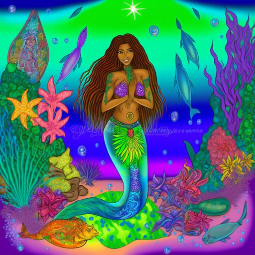 Polynesian mermaid full body image, underwater, eyes open, looking towards camera, green eyes, freckle's, tan skin, sea shells, surrounded by sea creatures, ocean flowers in hair, extra long hair, Hawaiian triangle tatoos, mermaid tail, magical, aurora lights lighting, Maori, saturated colors, in the style of Tania wursig, Nicole sherzinger, Moana, 3d, photorealistic, ultra realistic, 8k, high resolution --s 750