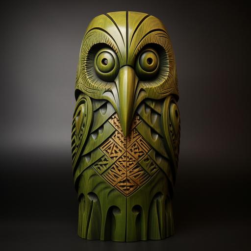 Polynesian tiki totem wood carving of kakapo --s 50