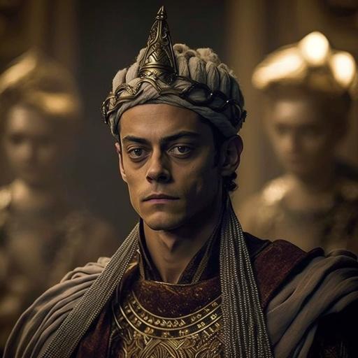 the actor Rami Malek as Xerxes character from the Zack Snider's 300 movie. He has no hair. He is medieval egyptian merchant. He is wearing medieval egyptian fancy male clothing. Actor Rodrigo Santoro features. He is a very rich medieval egyptian lord. Cinematic, dim light, night, misty background
