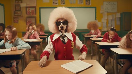 Poodle dog dressed as a teacher teaching human children in a classroom --v 5.2 --ar 16:9
