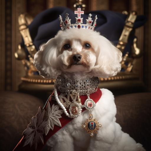 Poodle dressed as the queen of England, 4K, hyper realistic