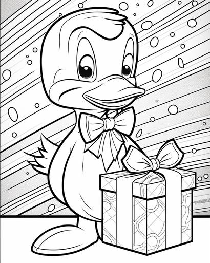 coloring page for kids, birthday party for a duck,standing on a gift, wearing a bow tie, cartoon style, medium lines, low detail, no shading --ar 9:11