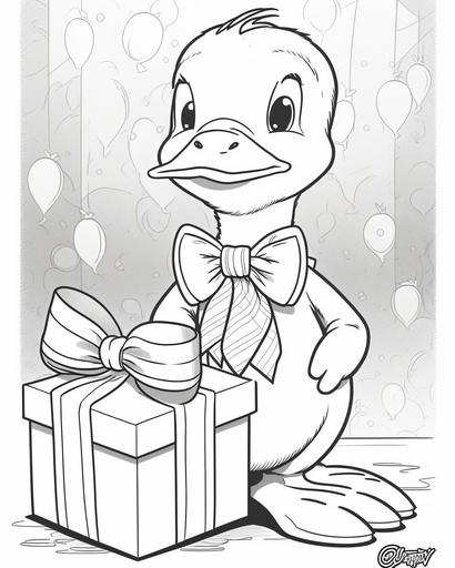 coloring page for kids, birthday party for a duck,standing on a gift, wearing a bow tie, cartoon style, medium lines, low detail, no shading --ar 9:11