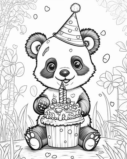 coloring page for kids, birthday party for a happy cute panda,birthday cake, wearing a birthday hat, cartoon style, medium lines, low detail, no shading --ar 9:11
