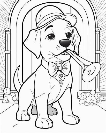 coloring page for kids, birthday party for a puppy blowing a trumpet,wearing a bow tie ,party hat, cartoon style, thick lines, low detail, no shading --ar 9:11