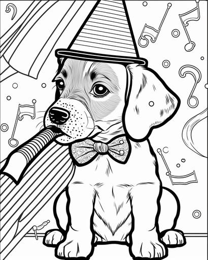 coloring page for kids, birthday party for a puppy blowing a trumpet,wearing a bow tie ,party hat, cartoon style, thick lines, low detail, no shading --ar 9:11