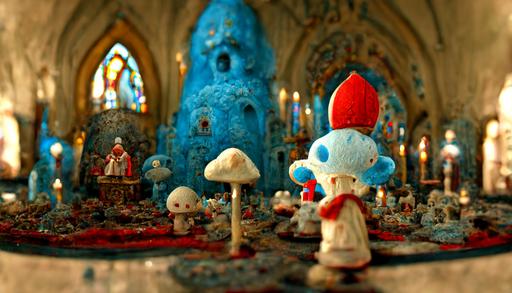 Pope Papa Smurf XVI orates angrily in magnificent smurf village style baroque cathederal. Realistic detailed baroque Amanita muscaria architecture with stained glass in ornate cathederal interior. 3d rendered crucifix with smurf jesus. Candles, incense smoke. 8k wide angle HDR interior anamorphic lens photography. Cinema4d render 8k post-processing. --ar 1600:900 --q 2 --s 900