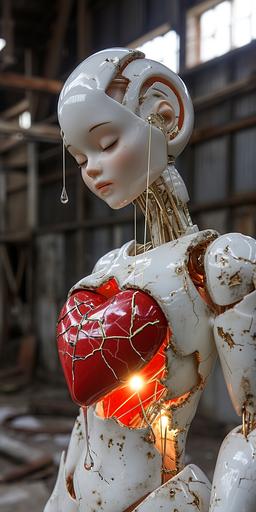 Porcelain and hammered android princess with red Kintsugi heart marionette showing cracked inner working , delicate light shining from inside the heart drips from cracks, in an old derelict garage --ar 1:2 --v 6.0 --no mierlu