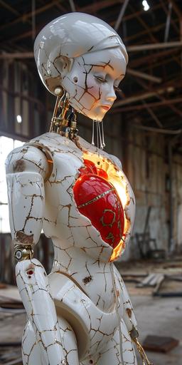 Porcelain and hammered android princess with red Kintsugi heart marionette showing cracked inner working , delicate light shining from inside the heart drips from cracks, in an old derelict garage --ar 1:2 --v 6.0 --no mierlu