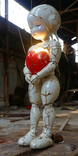 Porcelain and hammered android princess with red Kintsugi heart marionette showing cracked inner working , delicate light shining from inside the heart drips from cracks, in an old derelict dirty garage at night --ar 1:2 --v 6.0 --no mierlu --style raw