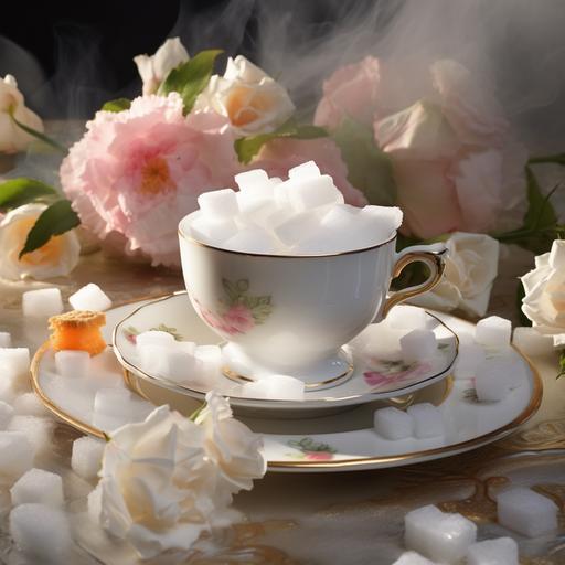 Porcelain tea cup steaming and full on matching saucer with sugar cube, background sunshine and flowers, white doile, group of sugar cubes on side