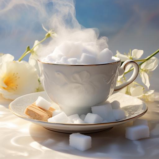 Porcelain tea cup steaming and full on matching saucer with sugar cube, background sunshine and flowers, white doile, group of sugar cubes on side