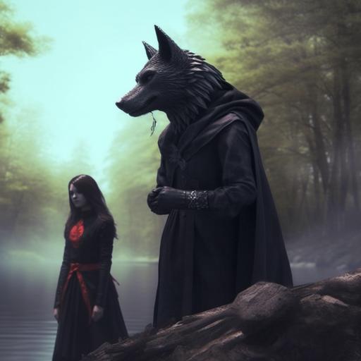 Portrait: An anthropomorphic goth wolf and his girlfriend Little Red Riding Hood in a black goth outfit, stand on a rock above a forest river, in detail, in detail, the rays of the sun piercing the forest, the sparkle of water in the river, a gloomy dark forest --q 2 --v 5.1 --s 250