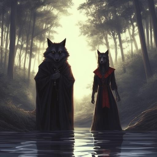 Portrait: An anthropomorphic goth wolf and his girlfriend Little Red Riding Hood in a black goth outfit, stand on a rock above a forest river, in detail, in detail, the rays of the sun piercing the forest, the sparkle of water in the river, a gloomy dark forest --q 2 --v 5.1 --s 250