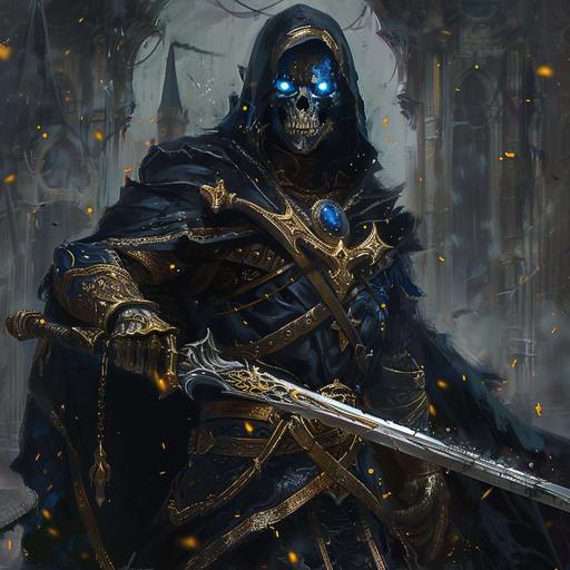Portrait Dark Fantasy, Skeleton, Glowing Blue Eyes, in Dark Black Hooded Cloak and Golden Armour, Holding a Sword. Dark fantasy Castle Background