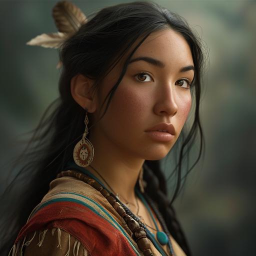 Portrait, Modern, emotion is content, photo of a 21 year old version of the character Pocahantas from the Disney Pocahantas movie played by a 2022 Amber Midthunder, correct and exact face of 2022 Amber Midthunder, accurate character hair, acurate character skin tone, costume of character is accurate, ACTORS: person, CAMERA MODEL: Canon EOS R5, Ultra-detailed, ultra-photorealistic, 8k, award-winning photograph, --v 6.0