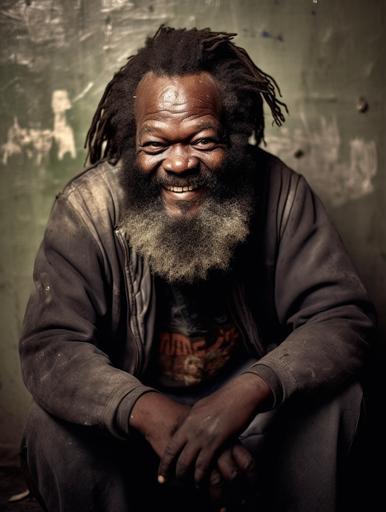 Portrait, africain fat man homeless 60 years old, 150kg. toothless smile The face marked by the blows and suture straps on the brow bone. transparent eye, shaggy and a long beard with a cigarette without a filter in his mouth. the nicotine tinted his mustache. sitting in a parisian abandoned warehouse with graffitis. he is very dirty and his face eaten away by the years of hardship, black and white photography, very detailed 8k, strong contrast, ISO 400 grainy inspired by Guillaume Lejeas --ar 3:4