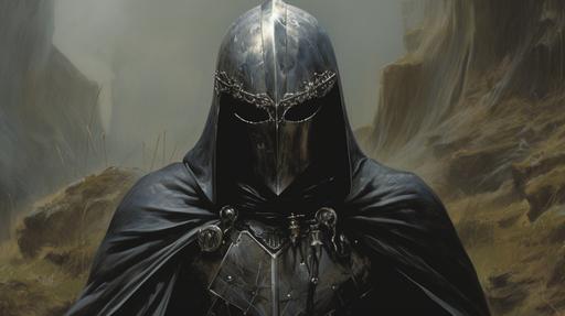 Portrait of 70s Dark Fantasy of the a dark teotonic knigh with a black shiled and a white cross and nemesing helmet standing as imagined by John Howe and Alan Lee --ar 16:9