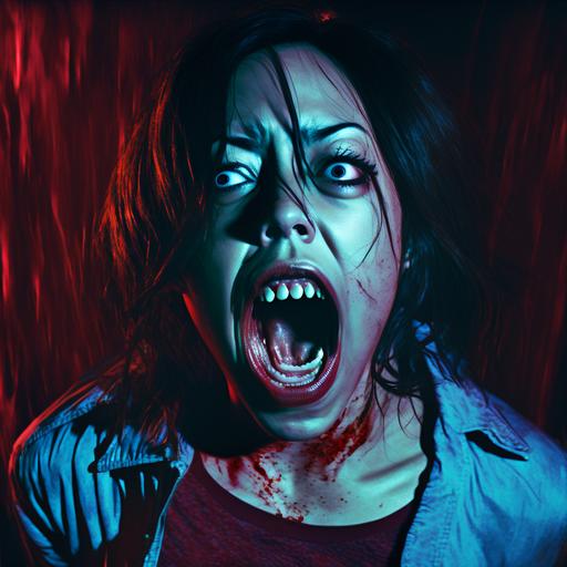 Portrait of Aubrey Plaza as an undead vampire screaming as she attacks, the vampire has pail skin with blue veins, an open mouth full of long sharp teeth, fangs covered in wet red juice, eyes deep red. In an atmospheric gothic horror movie style, scary, nightmare, terrifying. The background is a bedroom at night. Shadows, dirty style, dynamic pose, Cinematic, muted color, photorealistic, Lens flare, shallow depth of field, wide angle lens Photography, Volumetric Lighting, extremely intricate detailed. --v 4