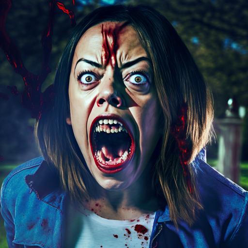 Portrait of Aubrey Plaza as an undead vampire screaming as she attacks, the vampire has pail skin with blue veins, an open mouth full of long sharp teeth, fangs covered in wet red juice, eyes deep red. In an atmospheric gothic horror movie style, scary, nightmare, terrifying. The background sunny day in a playground with swings. Shadows, dirty style, dynamic pose, Cinematic, muted color, photorealistic, Lens flare, shallow depth of field, wide angle lens Photography, Volumetric Lighting, extremely intricate detailed. --v 4