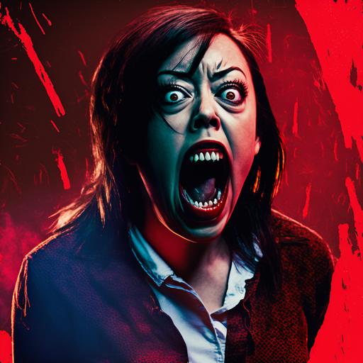 Portrait of Aubrey Plaza as an undead vampire screaming as she attacks, the vampire has pail skin with blue veins, an open mouth full of long sharp teeth, fangs covered in wet red juice, eyes deep red. In an atmospheric gothic horror movie style, scary, nightmare, terrifying. The background sunny day in a playground with swings. Shadows, dirty style, dynamic pose, Cinematic, muted color, photorealistic, Lens flare, shallow depth of field, wide angle lens Photography, Volumetric Lighting, extremely intricate detailed. --v 4