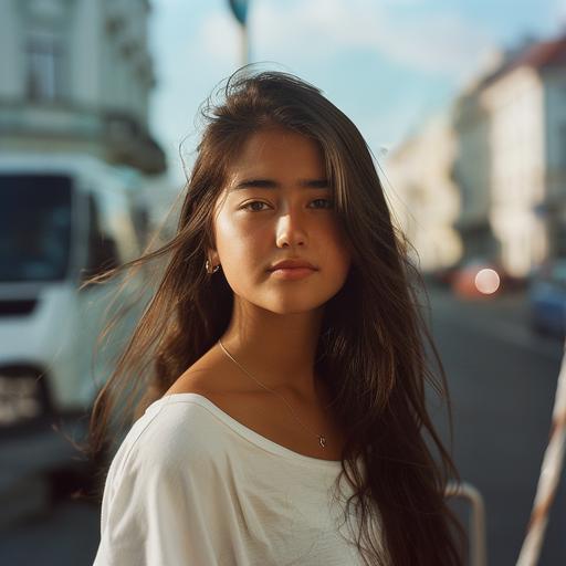 Portrait of Girl 18 years old brunette half european half japanese in white t-shirt in streets of Vienna Austria shot on kodak gold 400