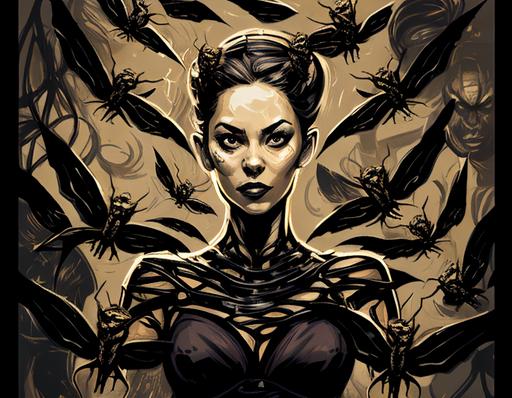 Portrait of Taylor Hebert, the supervillain known for her control over a swarm of insects. In this portrait, Skitter stands tall and confident, surrounded by a swirling mass of her loyal insect minions. Her appearance is menacing, with her black costume adorned with an intricate web-like design, and a pair of eerie insect wings protruding from her back. Her black hair is pulled back in a sleek ponytail, revealing her sharp, determined features. Ultra-realistic, clear facial features, cinematic, accent lighting, global illumination --ar 4:3 --q 3