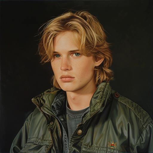Portrait of a 17-year-old male teenager, slightly chubby, medium-length blond hair, wearing a green hunting jacket, from the 90s, ultra realistic
