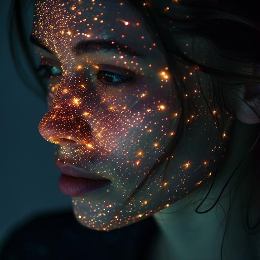 Portrait of a beautiful woman emerging from the darkness with tiny vessels - optical fibers and extremely decorative will-o'-the-wisps on her face under The skin --v 6.0