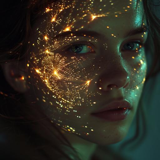 Portrait of a beautiful woman emerging from the darkness with tiny vessels - optical fibers and extremely decorative will-o'-the-wisps on her face under The skin --v 6.0