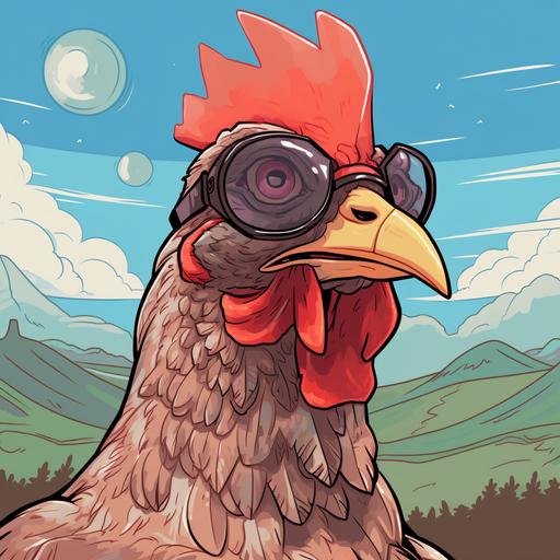 Portrait of a chicken with a metal cube head, woods field and sky in background. Illustration, limited color palette, no shading, low detail, bold linework