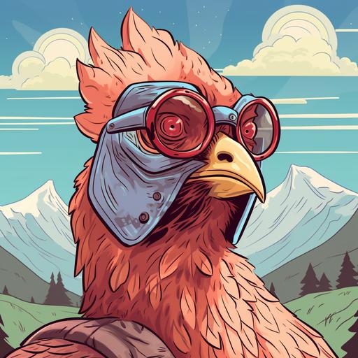 Portrait of a chicken with a metal cube head, woods field and sky in background. Illustration, limited color palette, no shading, low detail, bold linework