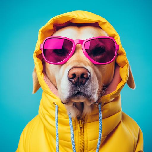 Portrait of a dog wearing huge pink sunglasses and an oversized yellow hoody, retro style, with a vibrant solid background of pastel colours