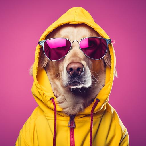 Portrait of a dog wearing huge pink sunglasses and an oversized yellow hoody, retro style, with a vibrant solid background of pastel colours