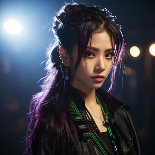 Portrait of a female k-pop singer, long black green and purple pigtails, black eyeliner, long eyelashes, dynamic pose, stage background, strobe lights, unsplash--ar 4:5 --s 400 --c 8