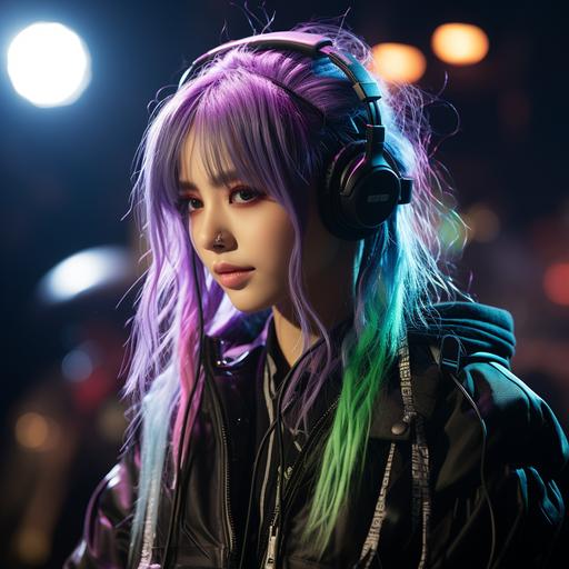 Portrait of a female k-pop singer, long black green and purple pigtails, black eyeliner, long eyelashes, dynamic singing pose, stage background, strobe lights, unsplash--ar 4:5 --s 400 --c 8