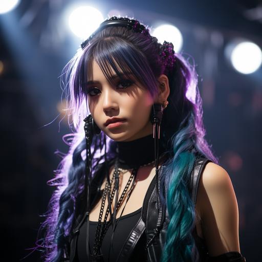 Portrait of a female k-pop singer, long black green and purple pigtails, black eyeliner, long eyelashes, dynamic singing pose, stage background, strobe lights, unsplash--ar 4:5 --s 400 --c 8