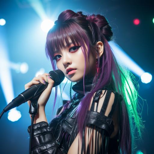 Portrait of a female k-pop singer, long black green and purple pigtails, black eyeliner, long eyelashes, holding microphone, energetic and dynamic singing pose, stage background, strobe lights, unsplash--ar 4:5 --s 400 --c 8