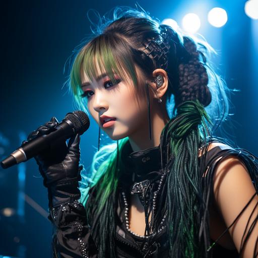 Portrait of a female k-pop singer, long black green and purple pigtails, black eyeliner, long eyelashes, holding microphone, energetic and dynamic singing pose, stage background, strobe lights, unsplash--ar 4:5 --s 400 --c 8