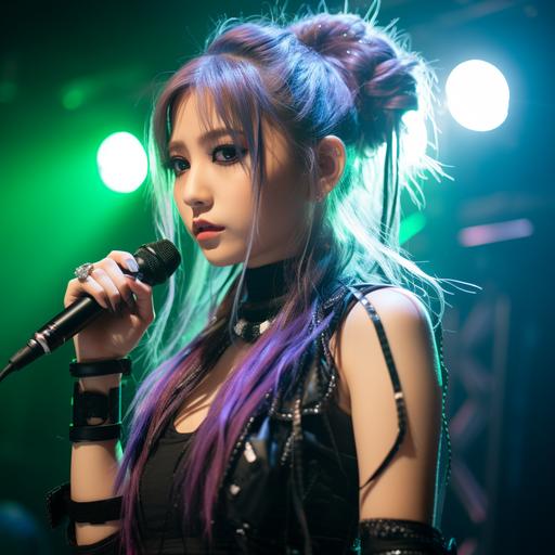 Portrait of a female k-pop singer, long black green and purple pigtails, black eyeliner, long eyelashes, holding microphone, energetic and dynamic singing pose, stage background, strobe lights, unsplash--ar 4:5 --s 400 --c 8