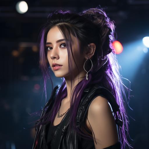 Portrait of a female k-pop singer, long black green and purple pigtails, black eyeliner, long eyelashes, dynamic singing pose, stage background, strobe lights, unsplash--ar 4:5 --s 400 --c 8