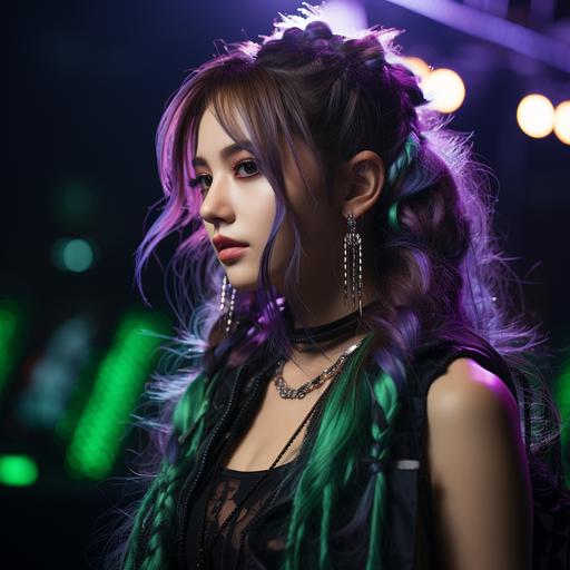 Portrait of a female k-pop singer, long black green and purple pigtails, black eyeliner, long eyelashes, dynamic pose, stage background, strobe lights, unsplash--ar 4:5 --s 400 --c 8