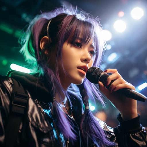 Portrait of a female k-pop singer, long black green and purple pigtails, black eyeliner, long eyelashes, holding microphone, energetic and dynamic singing pose, stage background, strobe lights, unsplash--ar 4:5 --s 400 --c 8