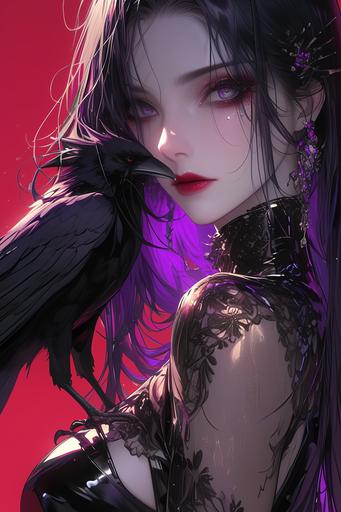 Portrait of a gorgeous cyberpunk woman with long ombré hair and a beautiful raven on her shoulder, reflective eyes staring at the camera, black eyeliner, long black eyelashes, glitter eyeshadow, wearing a stunning long sleeve iridescent blouse with lace details, purple, white, and black shades and hues, red background, 90's anime style, minimalist. art by mierAI --ar 2:3 --style raw --stylize 500 --niji 6