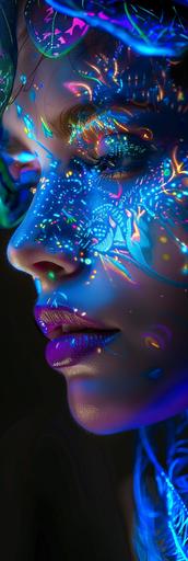 Portrait of a mystical fantasy bioluminescent neon woman glamorous fashionable lady, very pretty and stylish, dark background. hyperrealistic in 8k --ar 1:3 --v 6.0