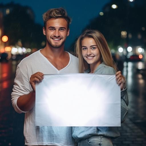 Portrait of a pretty couple (blonde woman) smiling and looking at the camera holding a white large sign (horizontal) with nothing written on it. in the city with lightning. Realistic photo with beautiful hands, 5k